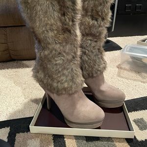 Fergie fur and suede taupe boot